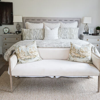 wood floor in modern farmhouse grey and white bedroom. Flooring installation by GWH Flooring