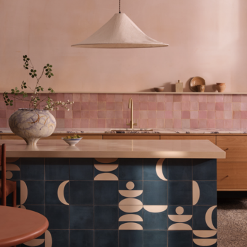 Pink Zellige tiles and blue patterned cement tiles in artsy modern kitchen. Tiles by from Otto.